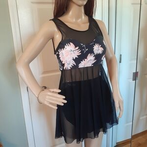 Black FlowyMoth Orchid Floral sexy eye catching Swimsuittop with built-in bra XL